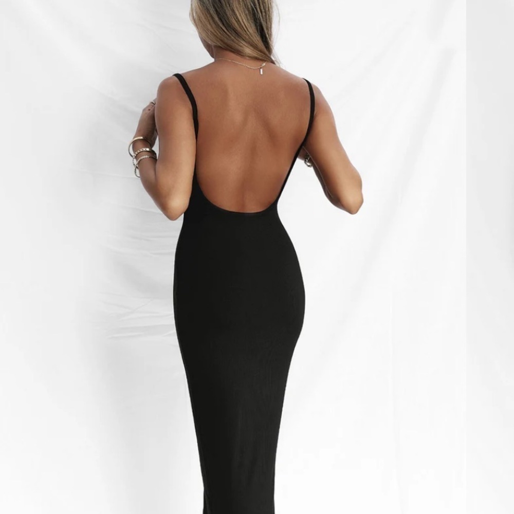 LA Luxe Backless Ribbed Black Dress Sz-Medium - Picture 3 of 6